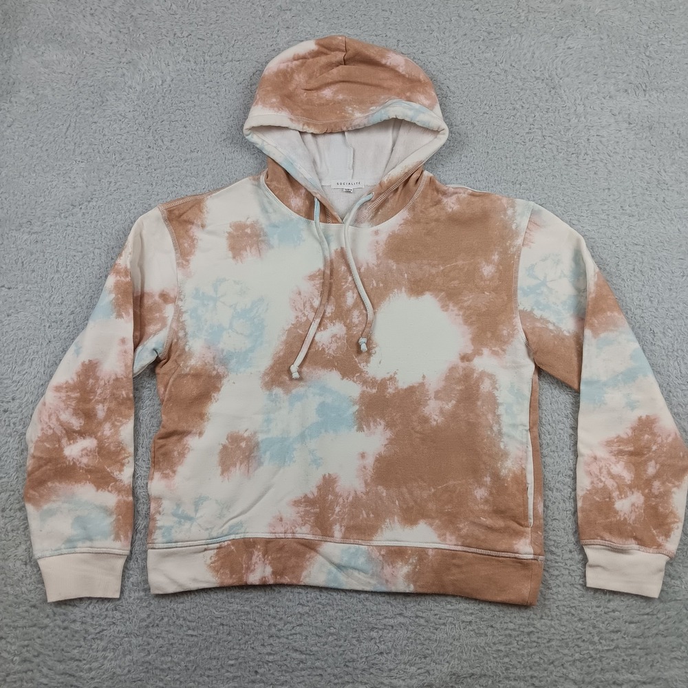 Socialite Hoodie Women L Tan Blue Tie Dye Fleece Pullover KSW612568-NR